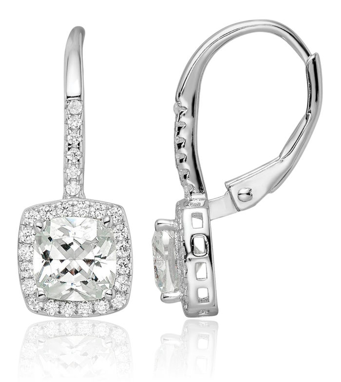 925 Sterling Silver Princess-Cut Square Cubic Zirconia CZ Halo Round Drop Dangle Earrings