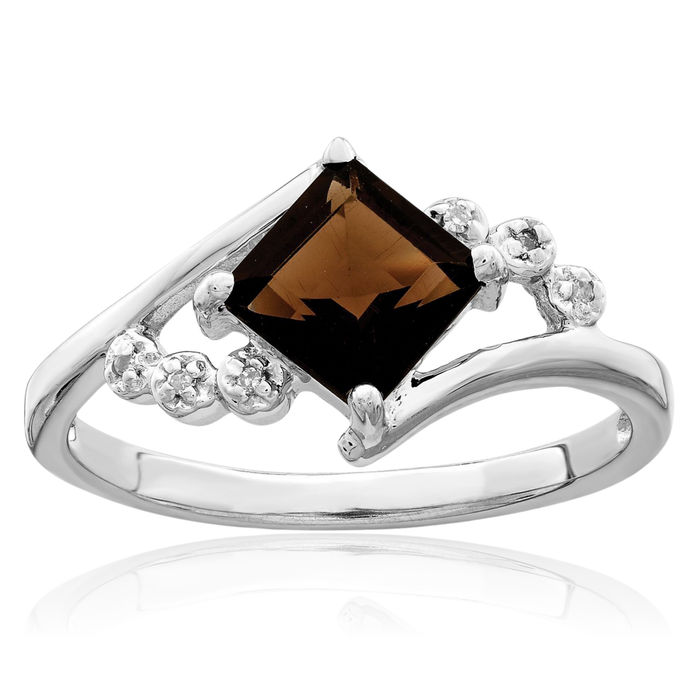 925 Sterling Silver Princess-Cut Square Brown Smoky Quartz Diamond Ring Gemstone Band