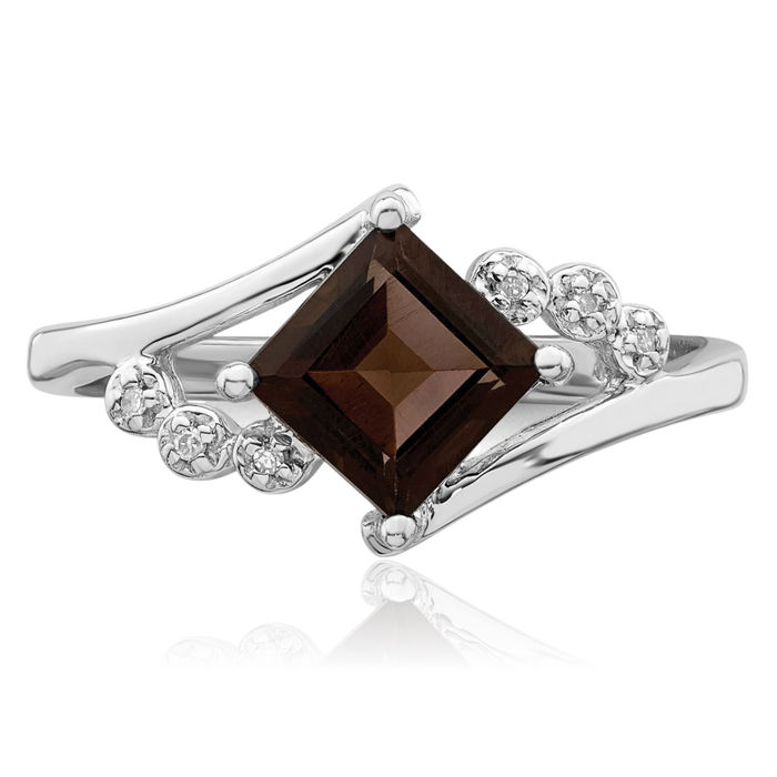 925 Sterling Silver Princess-Cut Square Brown Smoky Quartz Diamond Ring Gemstone Band