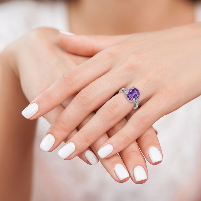 925 Sterling Silver Purple Amethyst Diamond Ring Gemstone Band