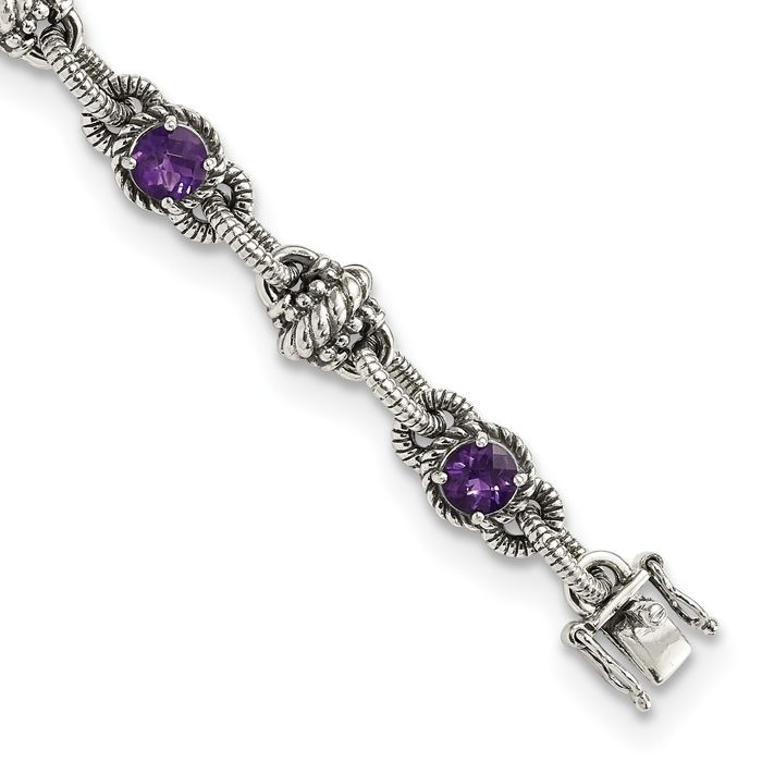 925 Sterling Silver Vintage Round Purple Amethyst Chain Gemstone Tennis Bracelet