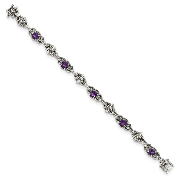 925 Sterling Silver Vintage Round Purple Amethyst Chain Gemstone Tennis Bracelet