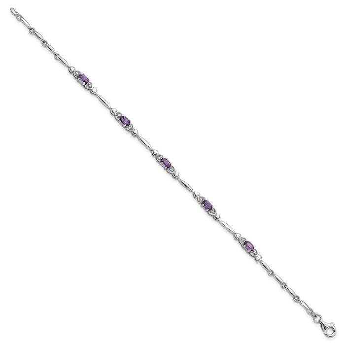 925 Sterling Silver Purple Amethyst Diamond Heart Chain Tennis Charm Bracelet