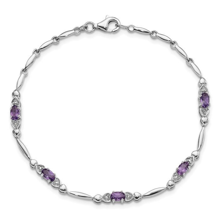 925 Sterling Silver Purple Amethyst Diamond Heart Chain Tennis Charm Bracelet