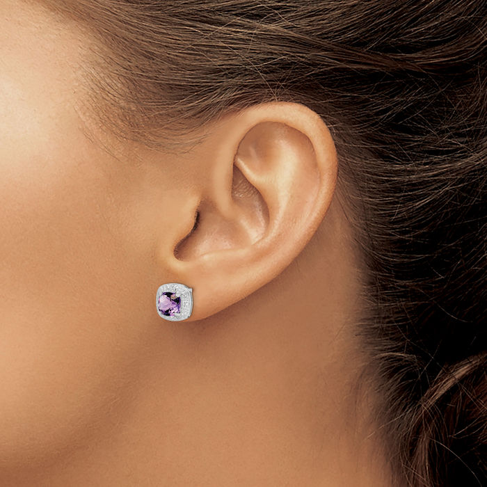 925 Sterling Silver Purple Amethyst Diamond Stud Earrings February Birthstone Jewelry