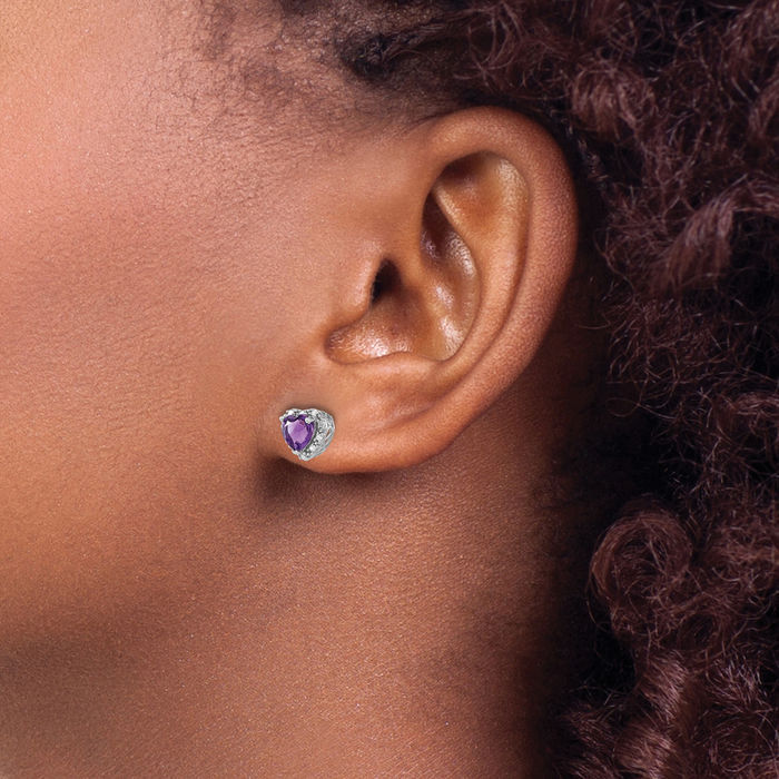 925 Sterling Silver Purple Amethyst Diamond Heart Stud Solitaire Earrings February Birthstone Jewelry