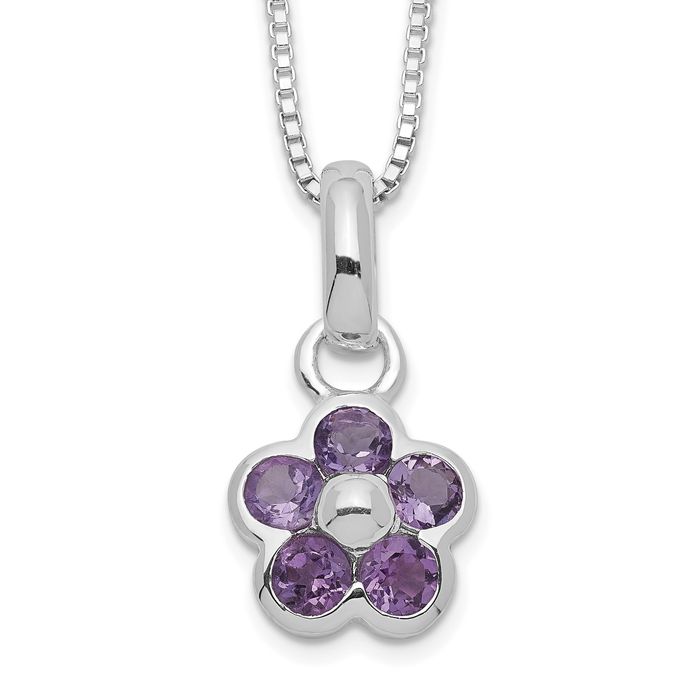 925 Sterling Silver Purple Amethyst Flower Pendant Necklace