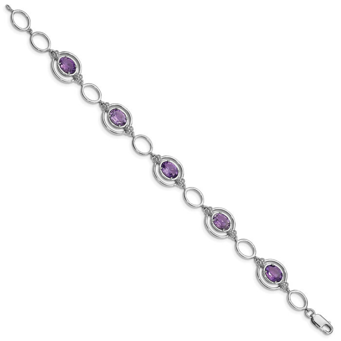 925 Sterling Silver Purple Amethyst Link Chain Bracelet