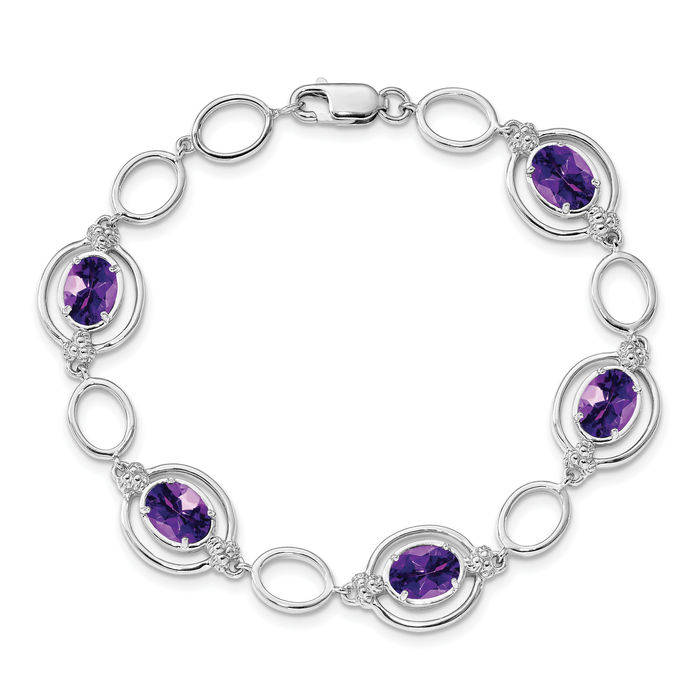 925 Sterling Silver Purple Amethyst Link Chain Bracelet