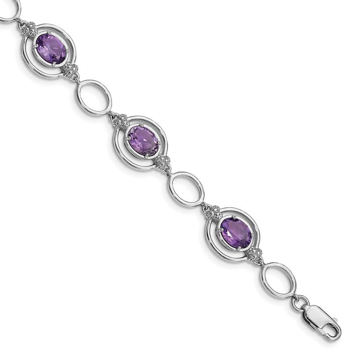 925 Sterling Silver Purple Amethyst Link Chain Bracelet