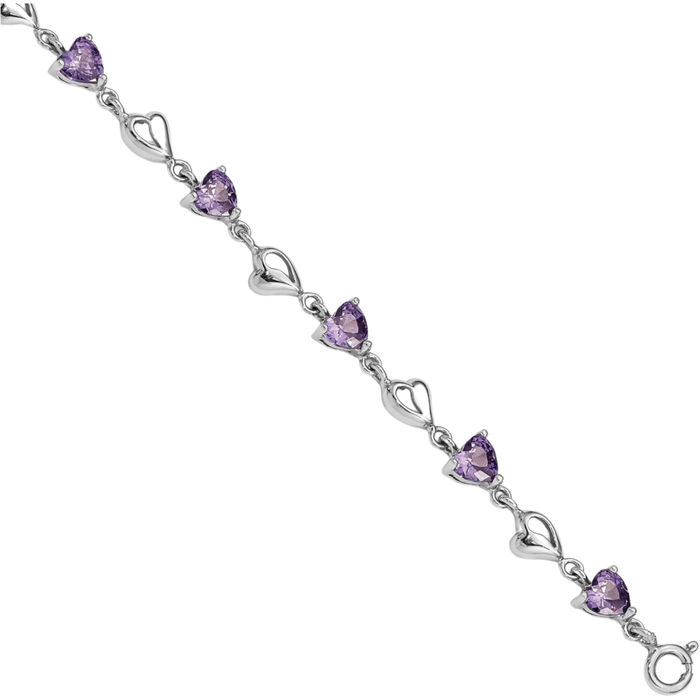 925 Sterling Silver Purple Rhinestone Crystals Heart Chain Charm Bracelet