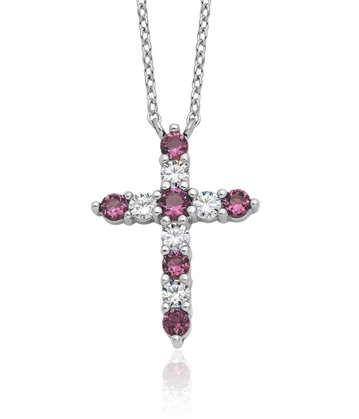 925 Sterling Silver Purple Cubic Zirconia CZ Latin Mexican Holy Cross Necklace Chain Gemstone Pendant Charm February Birthstone Jewelry