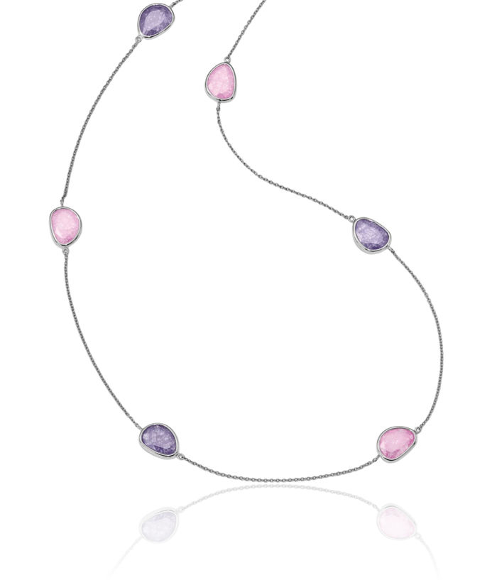 925 Sterling Silver Purple Pink Ice Cubic Zirconia CZ 9 Station Chain Necklace