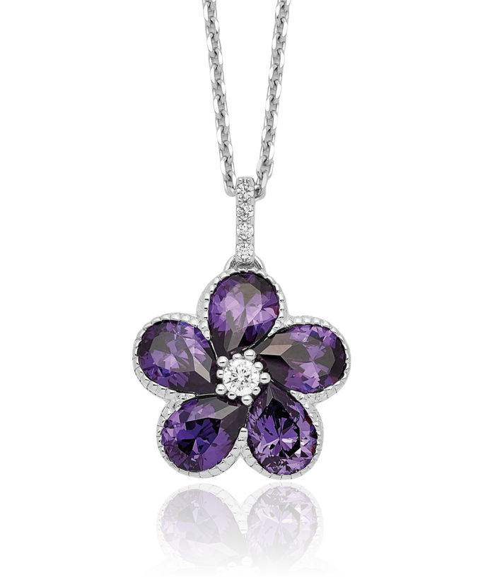 925 Sterling Silver Purple White Cubic Zirconia CZ Flower Necklace Chain