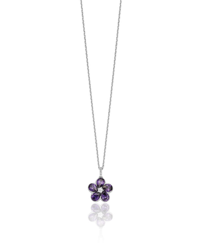 925 Sterling Silver Purple White Cubic Zirconia CZ Flower Necklace Chain