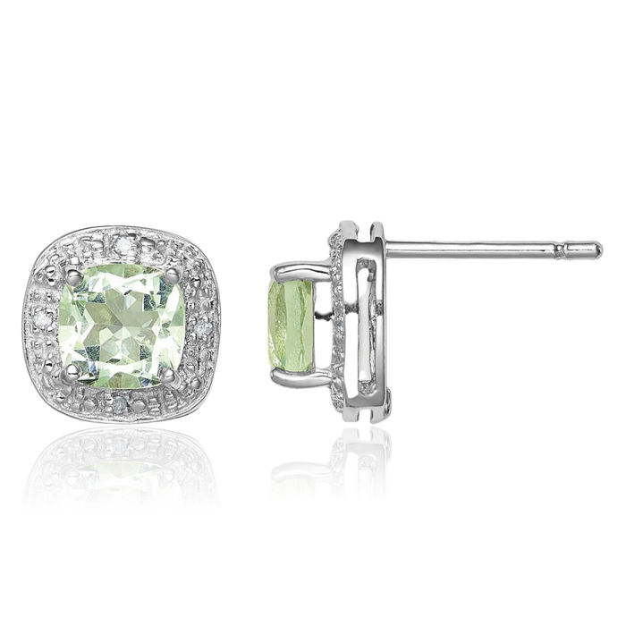 925 Sterling Silver Green Quartz Diamond Stud Earrings