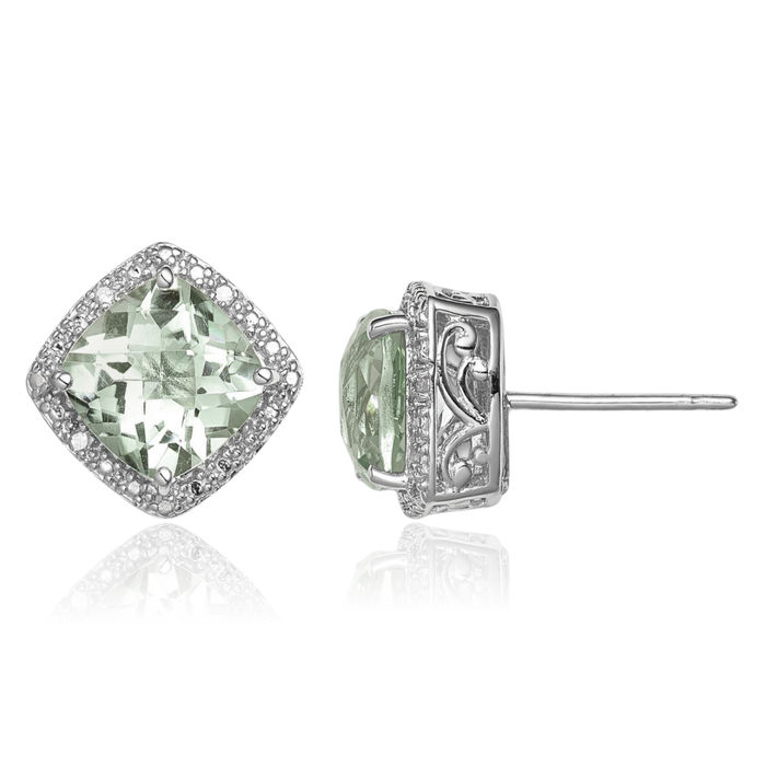925 Sterling Silver Green Quartz Diamond Stud Earrings August Birthstone Jewelry
