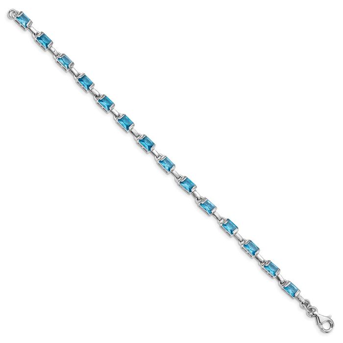 925 Sterling Silver Rectangular Swiss Blue Topaz Chain Gemstone Tennis Bracelet