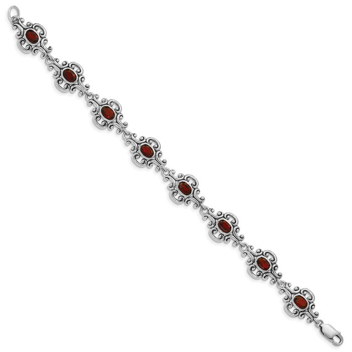 925 Sterling Silver Vintage Red Garnet Chain Gemstone Tennis Bracelet