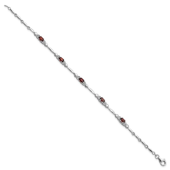 925 Sterling Silver Red Garnet Diamond Heart Chain Tennis Charm Bracelet