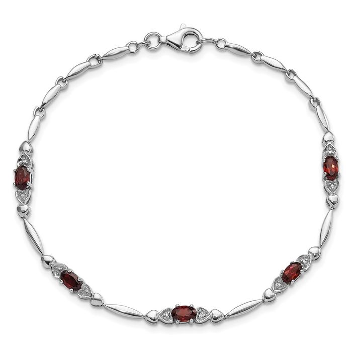 925 Sterling Silver Red Garnet Diamond Heart Chain Tennis Charm Bracelet