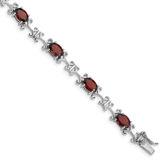 925 Sterling Silver Red Garnet Oval Chain Gemstone Tennis Bracelet