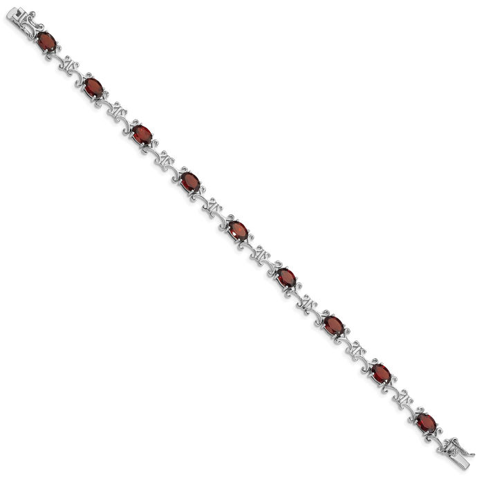 925 Sterling Silver Red Garnet Oval Chain Gemstone Tennis Bracelet