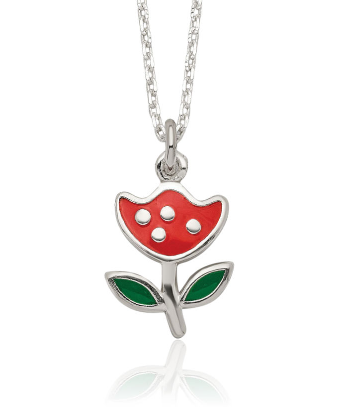 925 Sterling Silver Red Green Flower Chain Necklace