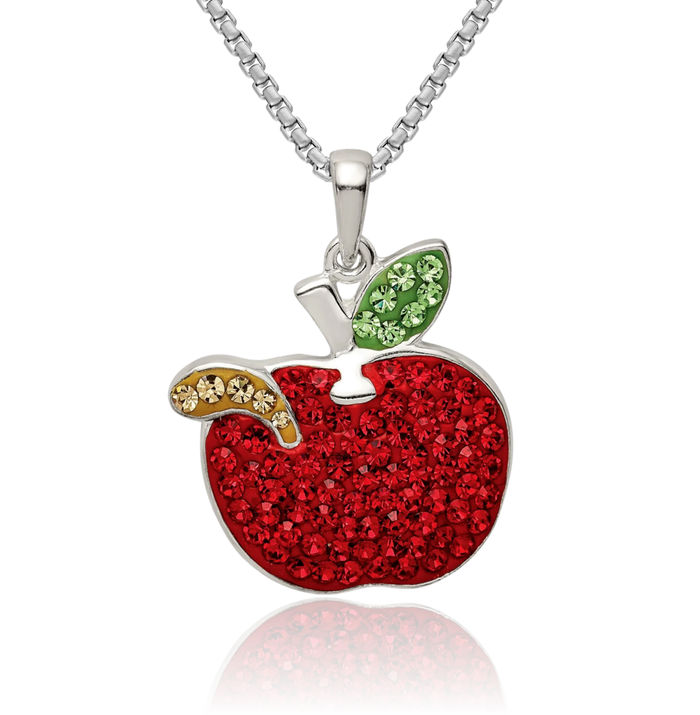 925 Sterling Silver Red Preciosa Rhinestone Crystals Apples Worm Necklace Chain Pendant Charm