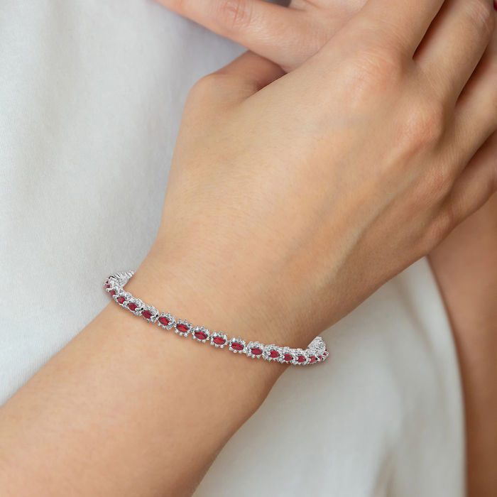 925 Sterling Silver Red White Cubic Zirconia CZ Chain Bracelet