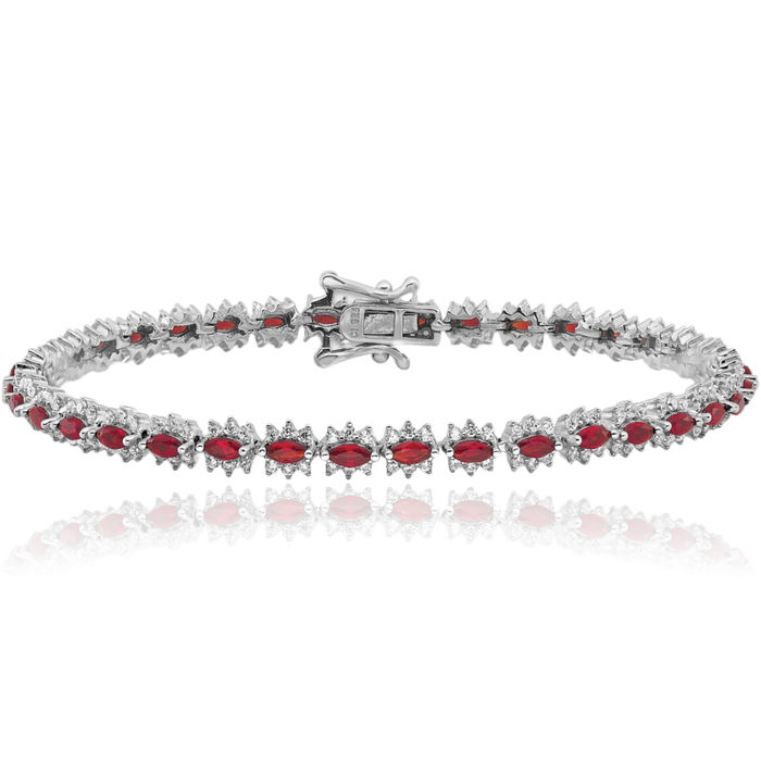 925 Sterling Silver Red White Cubic Zirconia CZ Chain Bracelet