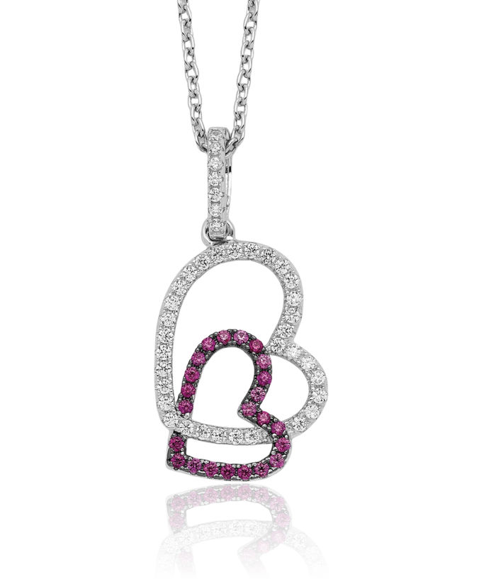 925 Sterling Silver Red White Cubic Zirconia CZ Heart Chain Necklace