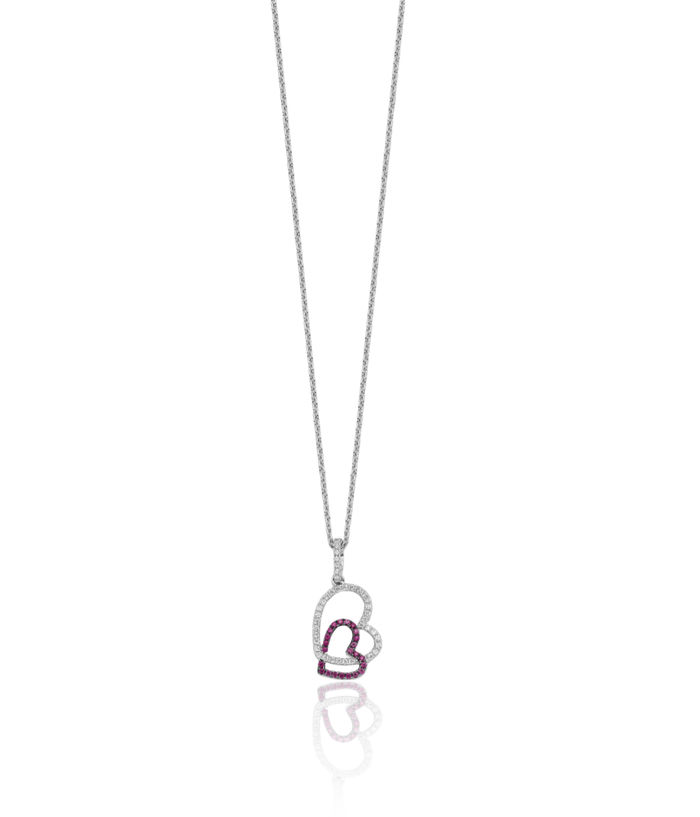 925 Sterling Silver Red White Cubic Zirconia CZ Heart Chain Necklace