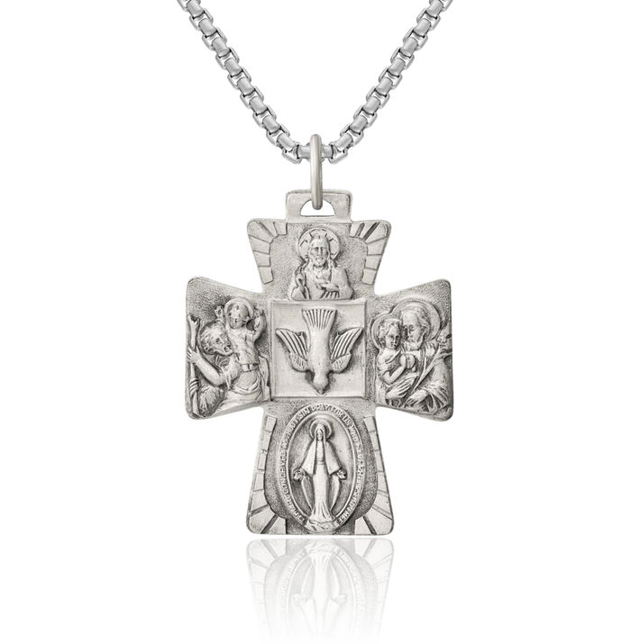 925 Sterling Silver Vintage Reversible Four Way Holy Cross Religious Medal Necklace Christian Pendant Scapular Charm