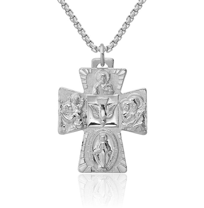 925 Sterling Silver Reversible Four Way Holy Cross Religious Medal Necklace Christian Pendant Scapular Charm