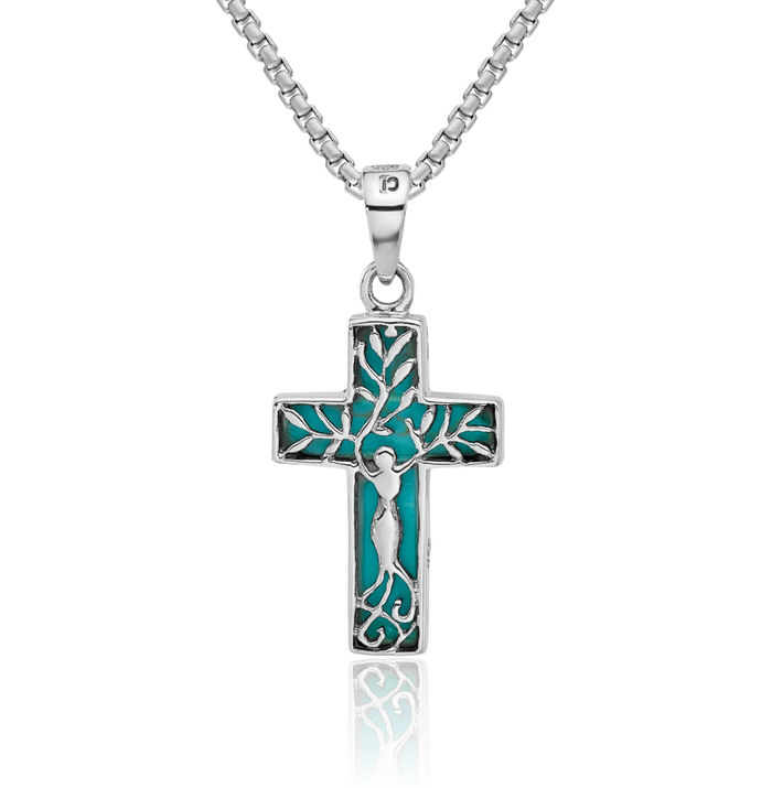 925 Sterling Silver Reversible Blue Turquoise Holy Cross Necklace Religious Chain Pendant Jesus Christ Charm