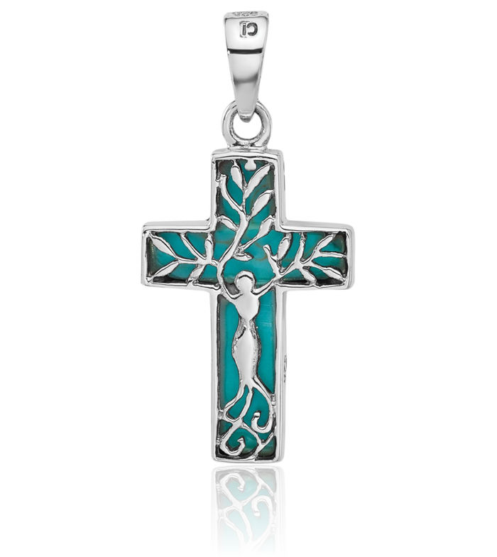 925 Sterling Silver Reversible Blue Turquoise Holy Cross Necklace Religious Chain Pendant Jesus Christ Charm