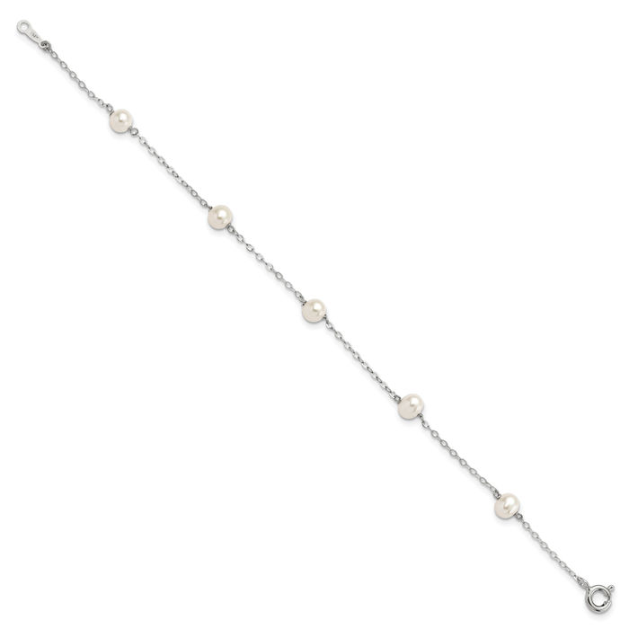 925 Sterling Silver 5mm White Round Freshwater Cultured Pearl 5 Station Chain Bracelet