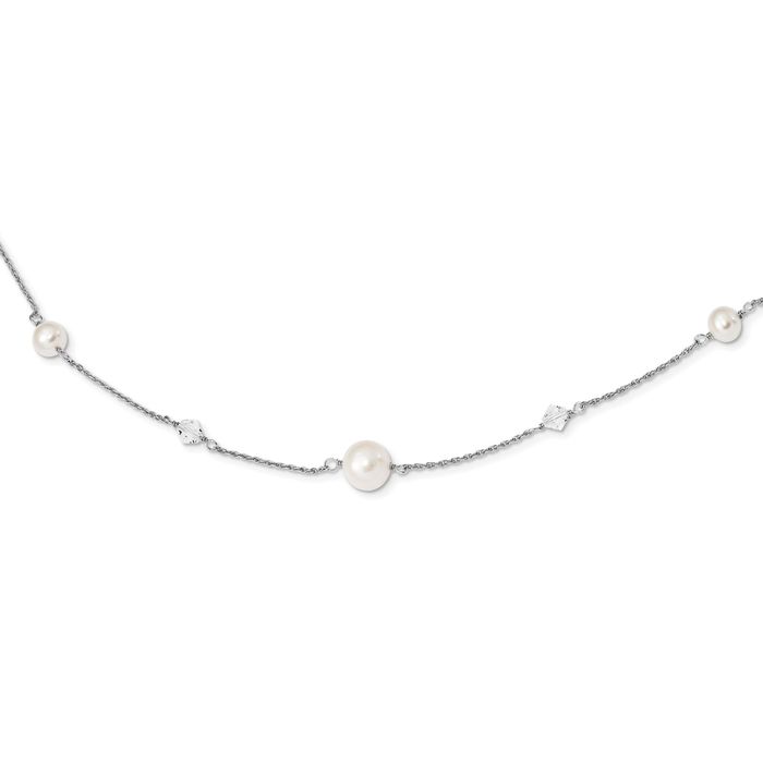 925 Sterling Silver White Near Round Freshwater Cultured Pearl Glass 5 Station Necklace Chain