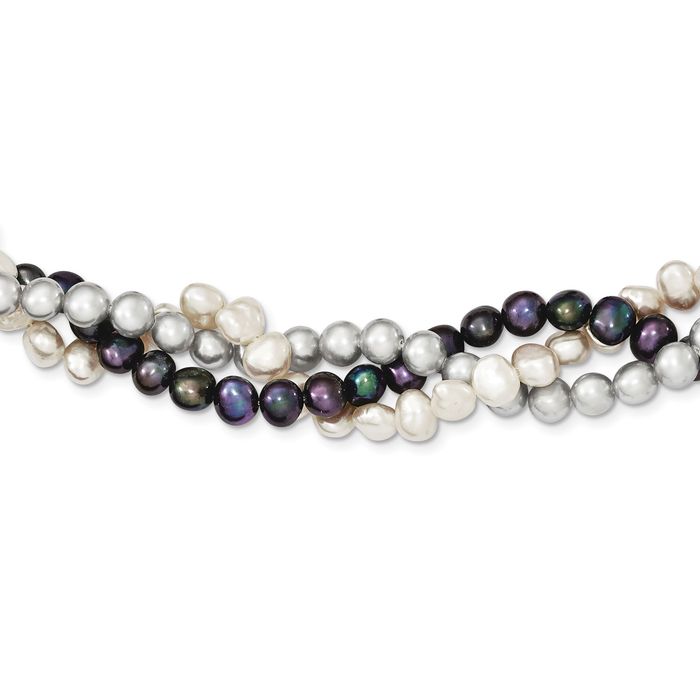 925 Sterling Silver 6mm White/black/silver Freshwater Cultured Pearl Necklace Chain