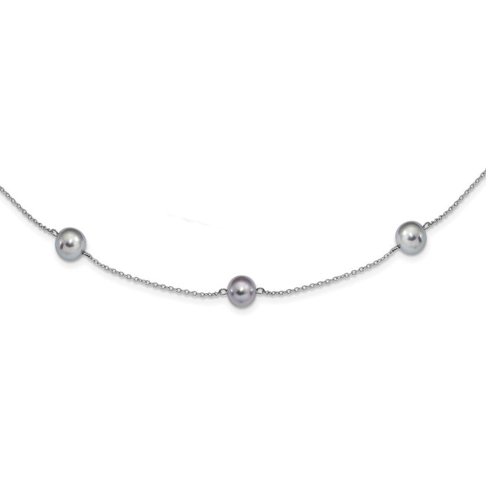 925 Sterling Silver 7mm Grey Round Freshwater Cultured Pearl 9 Station Necklace Chain