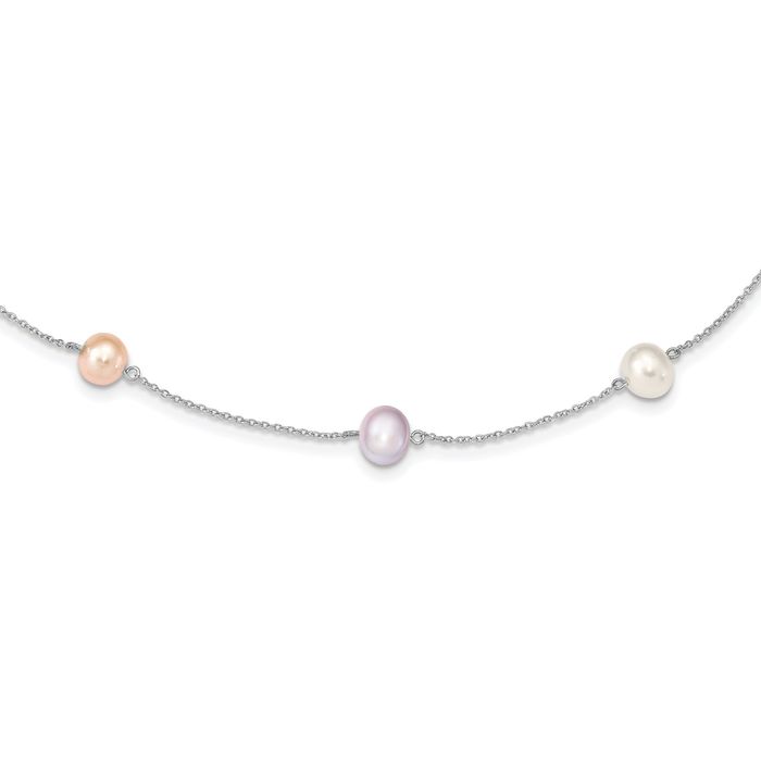 925 Sterling Silver 7mm White Pink Purple Near Round Freshwater Cultured Pearl 9 Station Necklace Chain