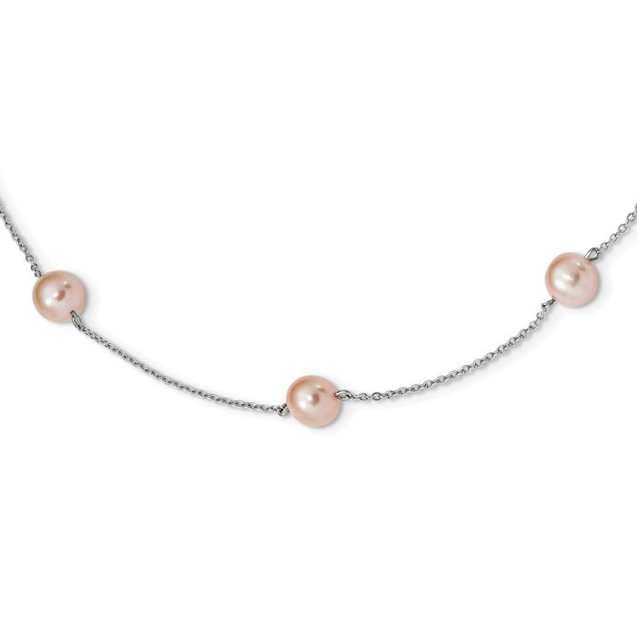 925 Sterling Silver 7mm Pink Round Freshwater Cultured Pearl 9 Station Necklace Chain