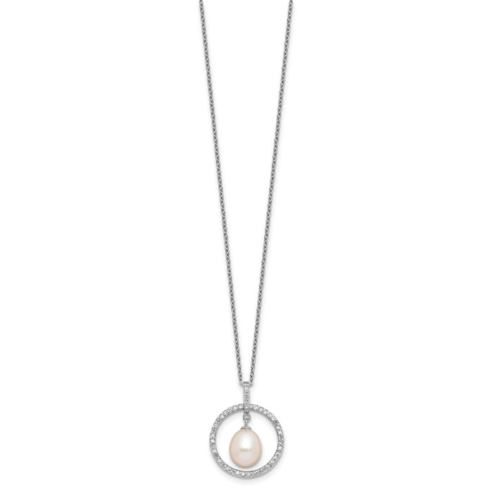 925 Sterling Silver 8mm White Teardrop Freshwater Cultured Pearl Cubic Zirconia CZ Circle Round Necklace Chain