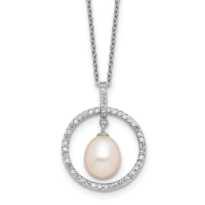 925 Sterling Silver 8mm White Teardrop Freshwater Cultured Pearl Cubic Zirconia CZ Circle Round Necklace Chain