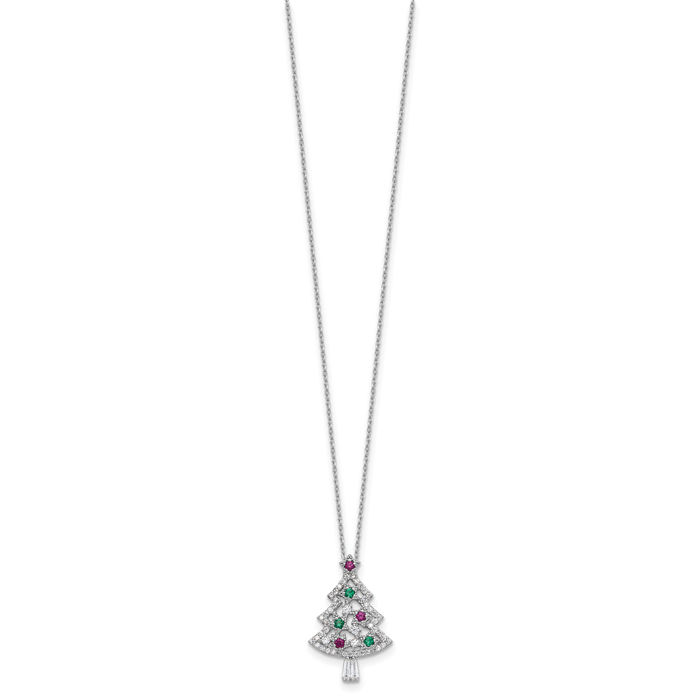 925 Sterling Silver Multi-color Cubic Zirconia CZ Christmas Tree Necklace Chain