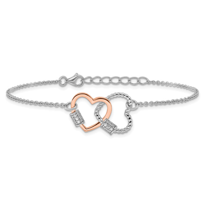 925 Sterling Silver Cubic Zirconia CZ Rose Tone Double Heart Chain Charm Bracelet