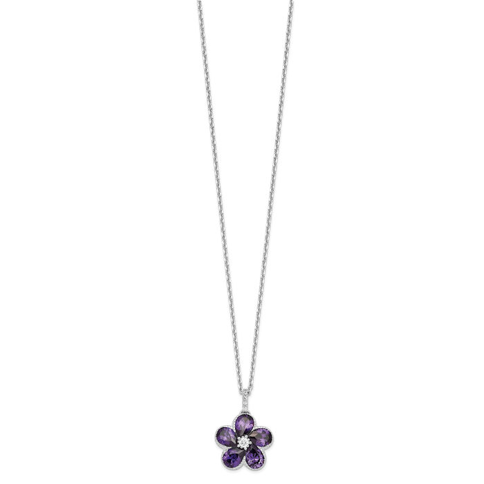 925 Sterling Silver Purple White Cubic Zirconia CZ Flower Necklace Chain