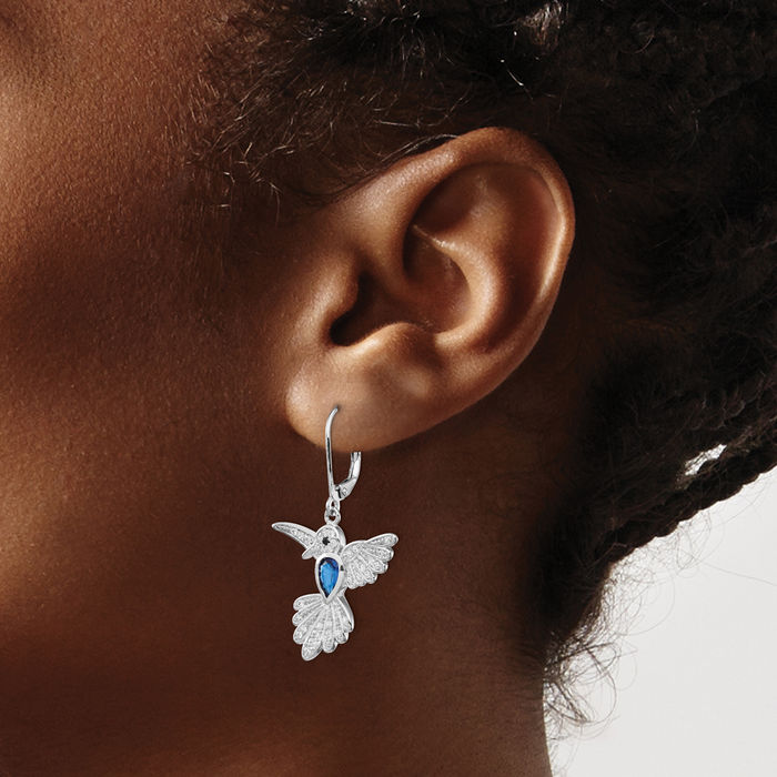 925 Sterling Silver Lab Dark Blue Spinel White Cubic Zirconia CZ Hummingbird Drop Dangle Earrings