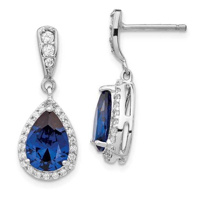 925 Sterling Silver Lab Dark Blue Spinel White Cubic Zirconia CZ Teardrop Post Drop Dangle Earrings Gemstone Push Back